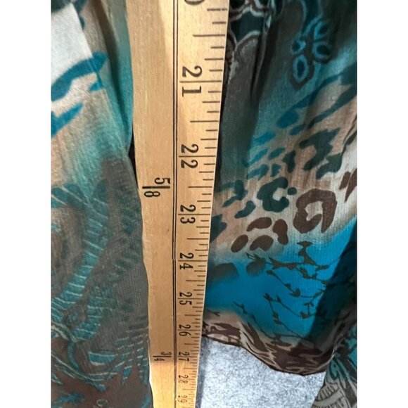 Notations Womens Boho Tunic Top L Blue Brown Abstract Print 3/4 Sleeve sheer - Picture 4 of 5